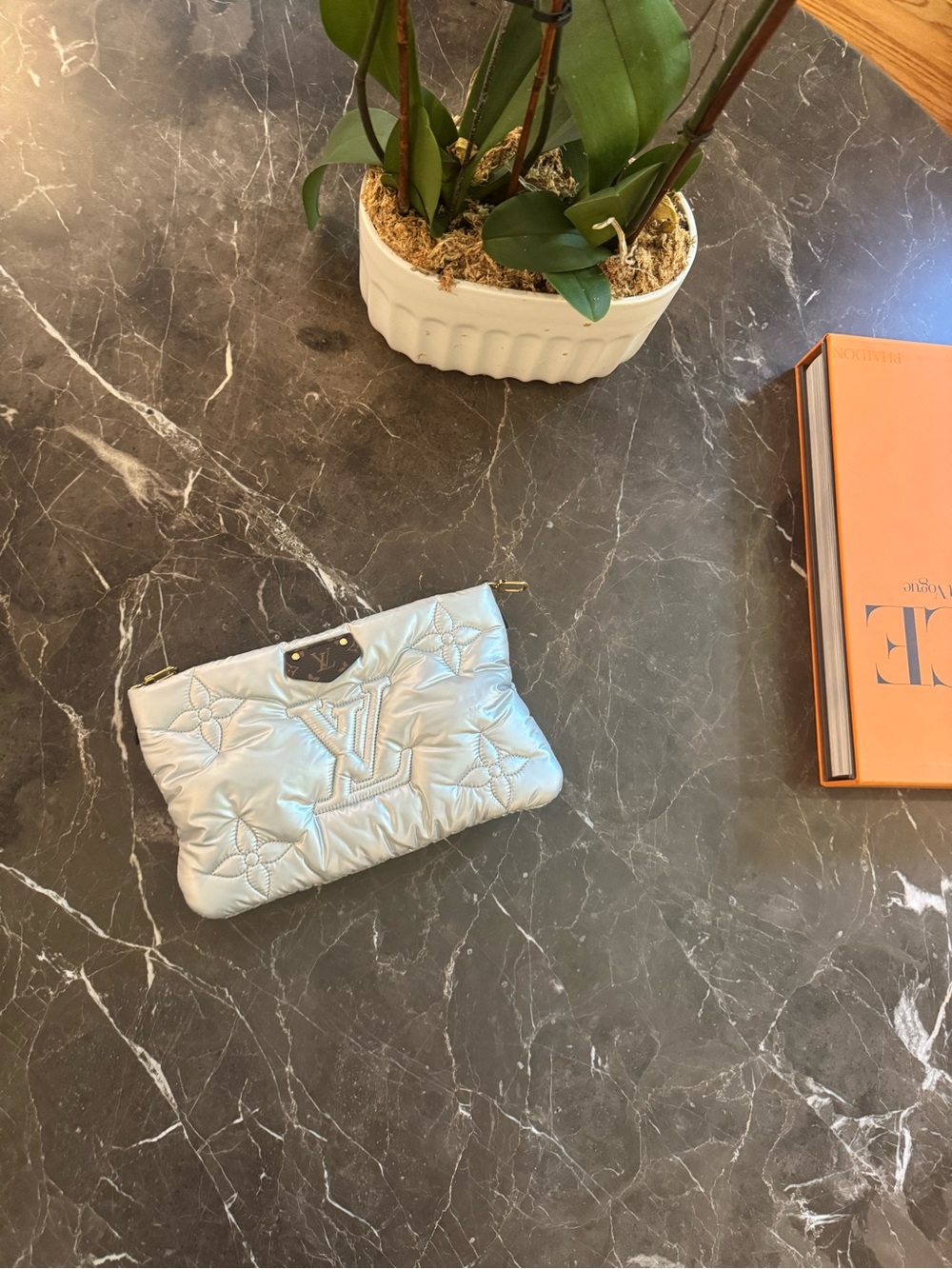 Louis Vuitton silver monogram pouch, no strap but has D rings